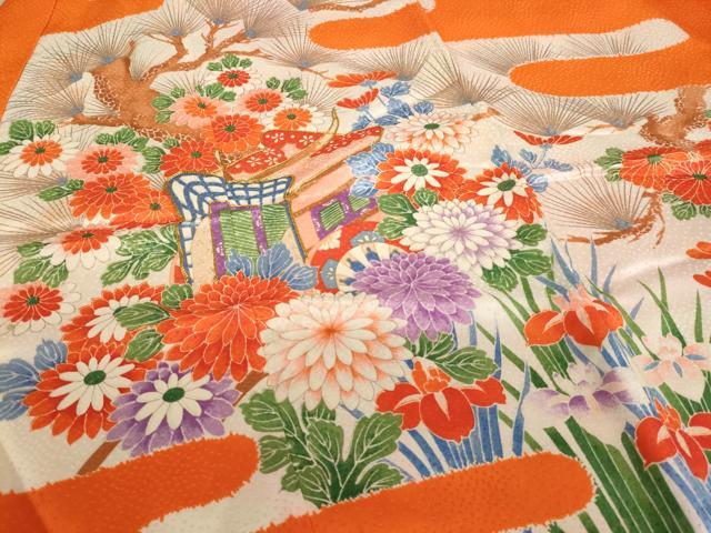 平和屋着物[]七五三　女の子　７歳　祝着　四つ身　駒刺繍　御所車花文　金彩　逸品　AABB5835ja