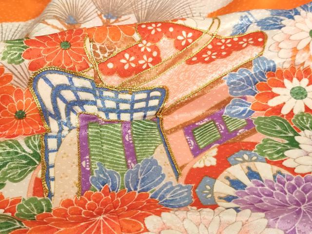 平和屋着物[]七五三　女の子　７歳　祝着　四つ身　駒刺繍　御所車花文　金彩　逸品　AABB5835ja