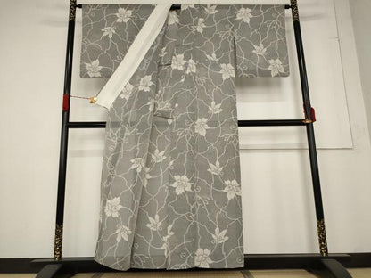 平和屋着物＊夏物　紗紬　草花文　正絹　逸品　AABB5853st