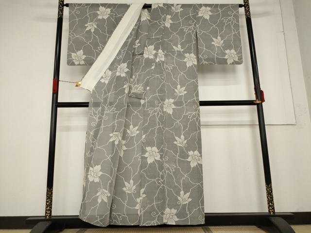 平和屋着物＊夏物　紗紬　草花文　正絹　逸品　AABB5853st
