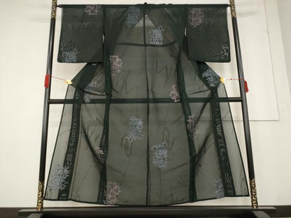 平和屋着物＊夏物　小紋　紗　草花文　黒地　正絹　逸品　AABB5854st