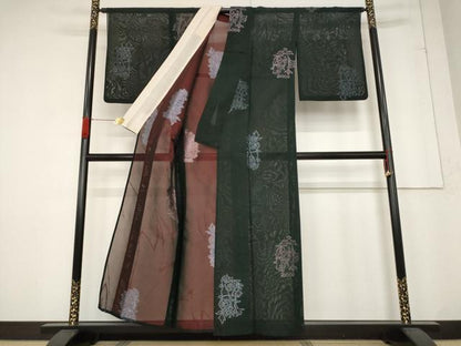 平和屋着物＊夏物　小紋　紗　草花文　黒地　正絹　逸品　AABB5854st