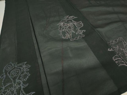 平和屋着物＊夏物　小紋　紗　草花文　黒地　正絹　逸品　AABB5854st