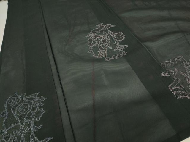 平和屋着物＊夏物　小紋　紗　草花文　黒地　正絹　逸品　AABB5854st