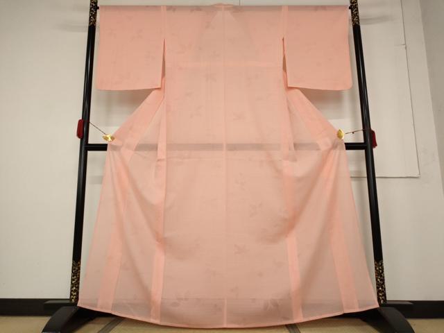 平和屋着物＊夏物 色無地 絽 草花文紗 甚三紅色 正絹 逸品 未使用 AABB5863st