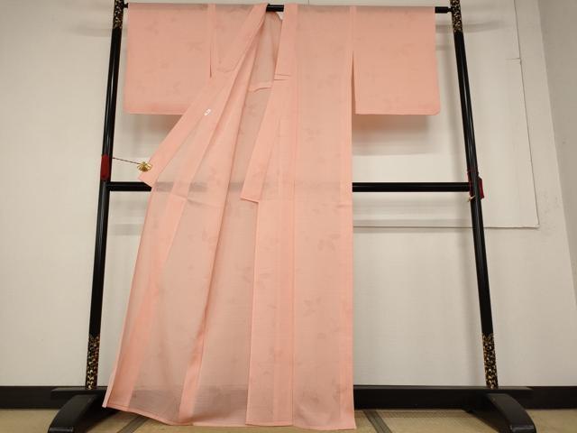 平和屋着物＊夏物 色無地 絽 草花文紗 甚三紅色 正絹 逸品 未使用 AABB5863st