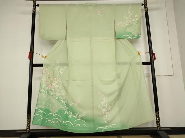 平和屋着物＊夏物 訪問着 絽 草花文 暈し染め 銀彩 正絹 逸品 AABB5872st