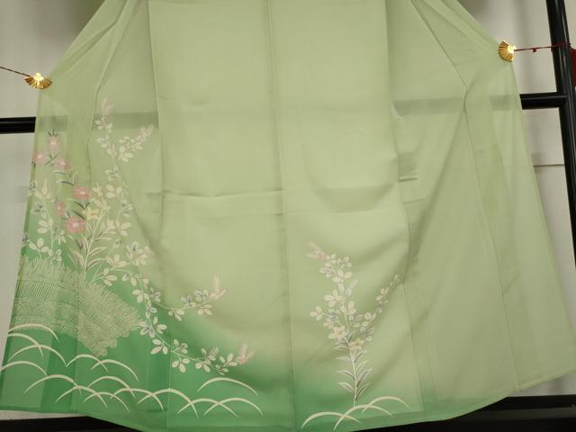 平和屋着物＊夏物 訪問着 絽 草花文 暈し染め 銀彩 正絹 逸品 AABB5872st