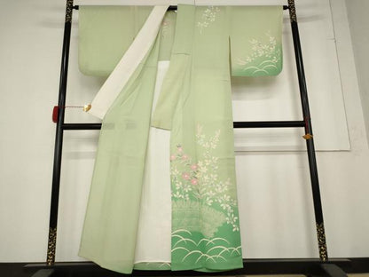 平和屋着物＊夏物 訪問着 絽 草花文 暈し染め 銀彩 正絹 逸品 AABB5872st