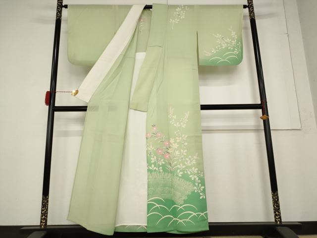 平和屋着物＊夏物 訪問着 絽 草花文 暈し染め 銀彩 正絹 逸品 AABB5872st