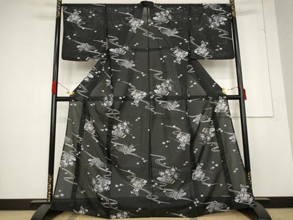 平和屋着物＊夏物 小紋 絽 流水草花文 金彩 洗える着物 AABB5908st