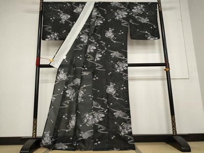 平和屋着物＊夏物 小紋 絽 流水草花文 金彩 洗える着物 AABB5908st