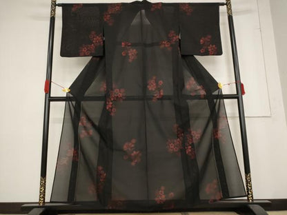 平和屋着物＊夏物 小紋 紗 草花文 黒地 正絹 逸品 AABB5923st