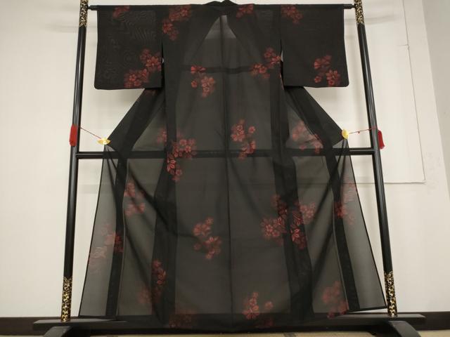 平和屋着物＊夏物 小紋 紗 草花文 黒地 正絹 逸品 AABB5923st