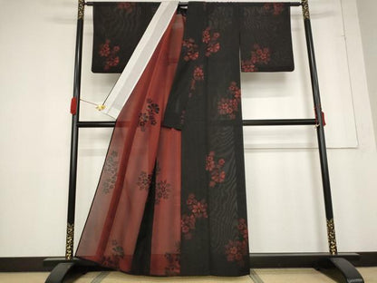 平和屋着物＊夏物 小紋 紗 草花文 黒地 正絹 逸品 AABB5923st