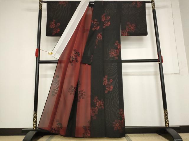 平和屋着物＊夏物 小紋 紗 草花文 黒地 正絹 逸品 AABB5923st