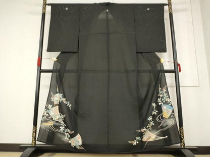 平和屋着物＊夏物 アンティーク 大正ロマン 黒留袖 絽 扇面草花文 両褄 正絹 逸品 AABB5933st