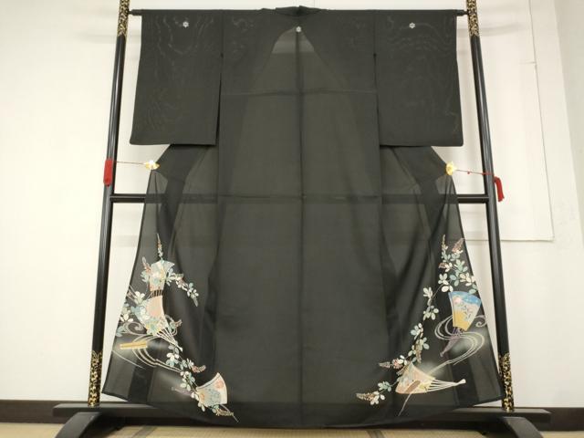 平和屋着物＊夏物 アンティーク 大正ロマン 黒留袖 絽 扇面草花文 両褄 正絹 逸品 AABB5933st