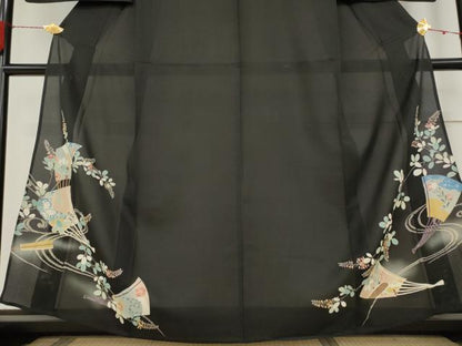 平和屋着物＊夏物 アンティーク 大正ロマン 黒留袖 絽 扇面草花文 両褄 正絹 逸品 AABB5933st