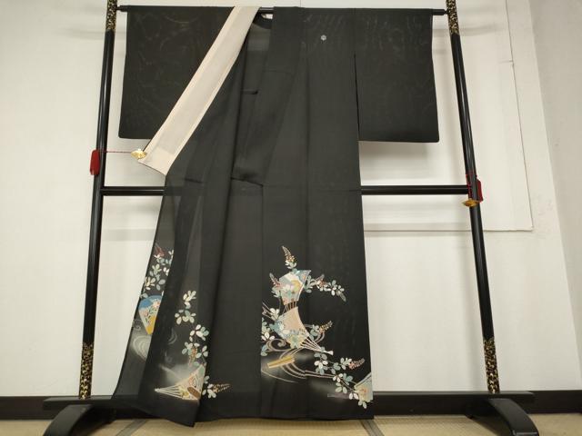 平和屋着物＊夏物 アンティーク 大正ロマン 黒留袖 絽 扇面草花文 両褄 正絹 逸品 AABB5933st