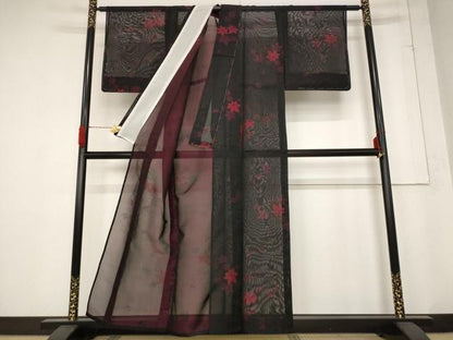 平和屋着物＊夏物 小紋 紗 楓文 黒地 正絹 逸品 未使用 AABB5957st