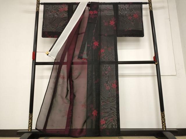 平和屋着物＊夏物 小紋 紗 楓文 黒地 正絹 逸品 未使用 AABB5957st