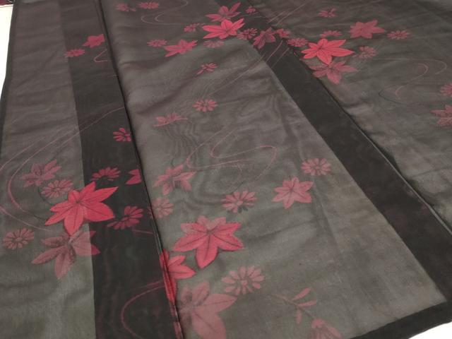平和屋着物＊夏物 小紋 紗 楓文 黒地 正絹 逸品 未使用 AABB5957st