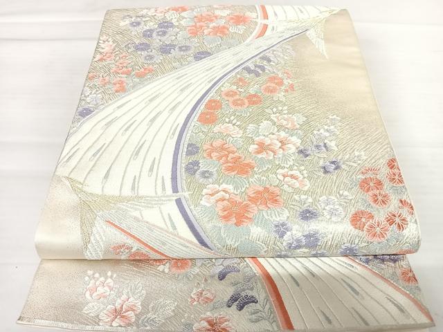 平和屋着物◎六通柄袋帯　唐織　双鳥道長取小花散し文　金銀糸　正絹　逸品　AABB5961yx