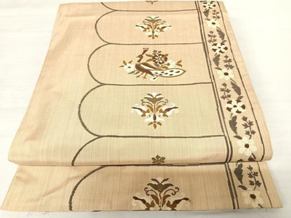 平和屋着物◎六通柄袋帯　紬地　孔雀花文　正絹　逸品　AABB5962yx