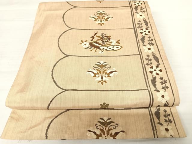 平和屋着物◎六通柄袋帯　紬地　孔雀花文　正絹　逸品　AABB5962yx