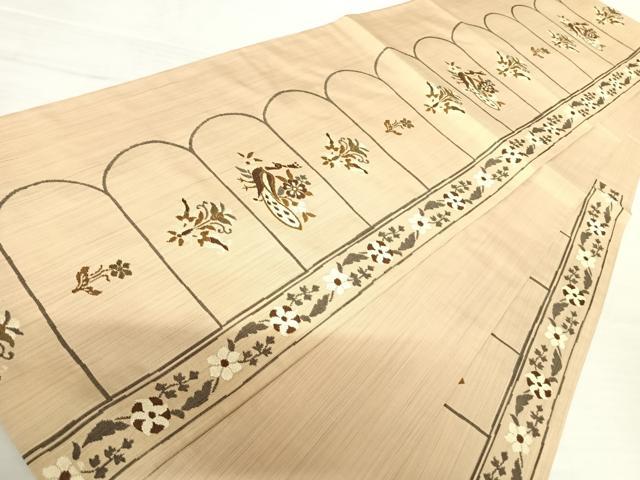 平和屋着物◎六通柄袋帯　紬地　孔雀花文　正絹　逸品　AABB5962yx
