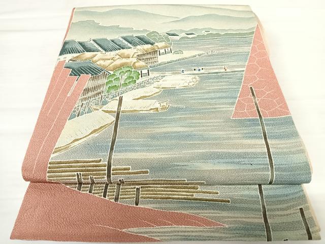 平和屋着物◎太鼓柄袋帯　風景文　金彩　鬼しぼ縮緬　正絹　逸品　AABB5963yx