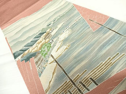 平和屋着物◎太鼓柄袋帯　風景文　金彩　鬼しぼ縮緬　正絹　逸品　AABB5963yx