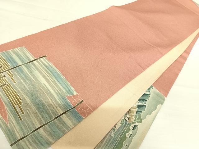 平和屋着物◎太鼓柄袋帯　風景文　金彩　鬼しぼ縮緬　正絹　逸品　AABB5963yx