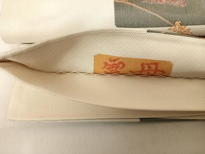 平和屋着物◎六通柄袋帯　雲母　花鳥文　正絹　逸品　AABB5971yx