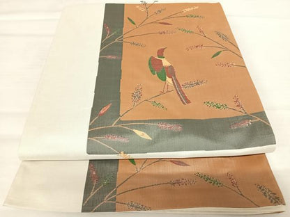 平和屋着物◎六通柄袋帯　雲母　花鳥文　正絹　逸品　AABB5971yx