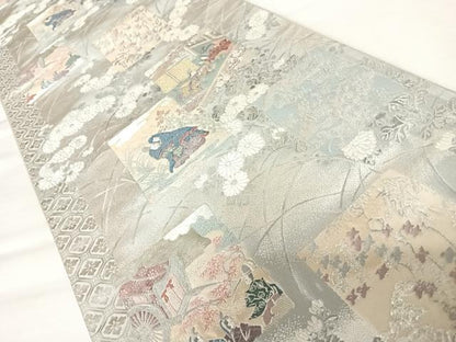 平和屋着物◎六通柄袋帯　唐織　人物風景文　銀糸　正絹　逸品　AABB5979yx