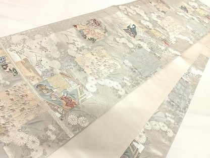 平和屋着物◎六通柄袋帯　唐織　人物風景文　銀糸　正絹　逸品　AABB5979yx