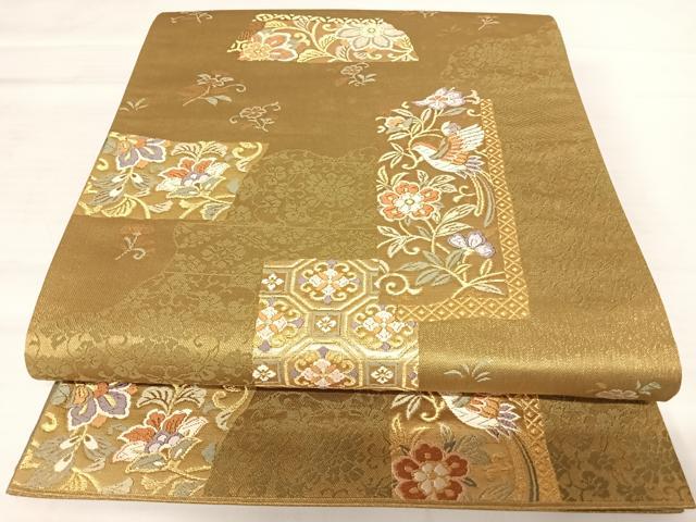 平和屋着物◎六通柄袋帯　唐織　更紗花鳥文　金糸　金通し地　正絹　逸品　AABB5989yx