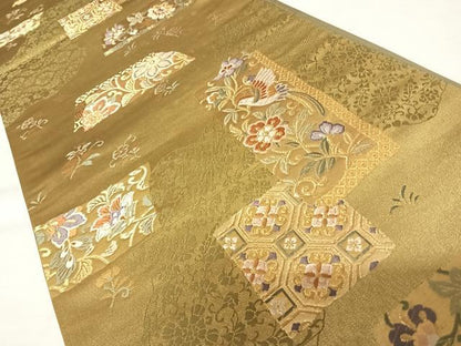 平和屋着物◎六通柄袋帯　唐織　更紗花鳥文　金糸　金通し地　正絹　逸品　AABB5989yx