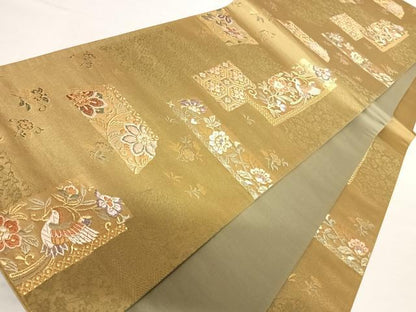 平和屋着物◎六通柄袋帯　唐織　更紗花鳥文　金糸　金通し地　正絹　逸品　AABB5989yx