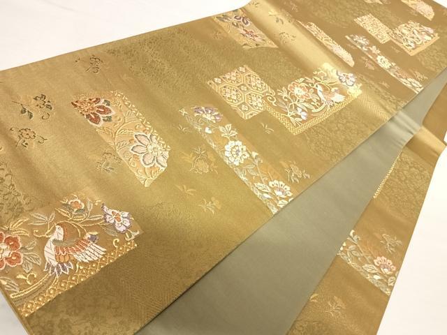 平和屋着物◎六通柄袋帯　唐織　更紗花鳥文　金糸　金通し地　正絹　逸品　AABB5989yx