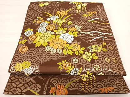 平和屋着物◎六通柄袋帯　唐織　流水花文　金糸　正絹　逸品　AABB6003yx