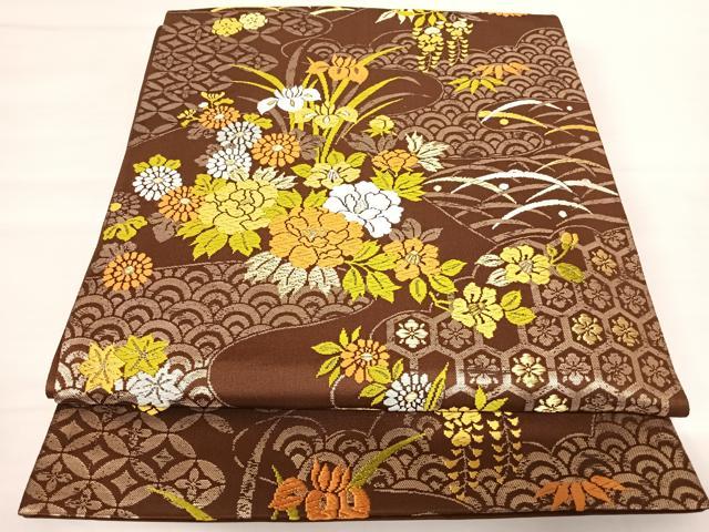 平和屋着物◎六通柄袋帯　唐織　流水花文　金糸　正絹　逸品　AABB6003yx