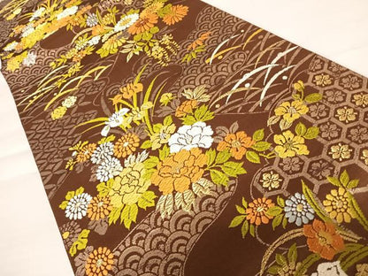 平和屋着物◎六通柄袋帯　唐織　流水花文　金糸　正絹　逸品　AABB6003yx