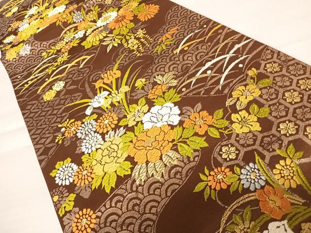 平和屋着物◎六通柄袋帯　唐織　流水花文　金糸　正絹　逸品　AABB6003yx