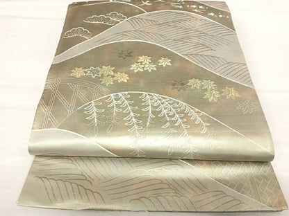平和屋着物◎六通柄袋帯　流水花文　プラチナ箔使用　正絹　逸品　AABB6022yx