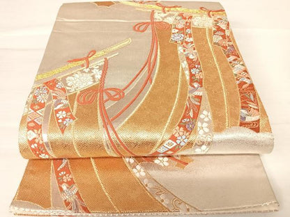 平和屋着物◎六通柄袋帯　唐織　几帳花文　金銀糸　正絹　逸品　AABB6052yx