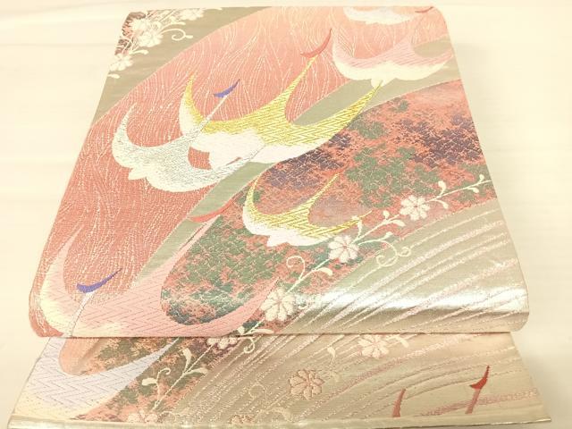 平和屋着物◎六通柄袋帯　唐織　飛鶴花文　金銀糸　正絹　逸品　AABB6054yx