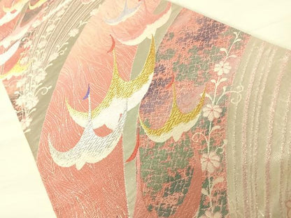平和屋着物◎六通柄袋帯　唐織　飛鶴花文　金銀糸　正絹　逸品　AABB6054yx
